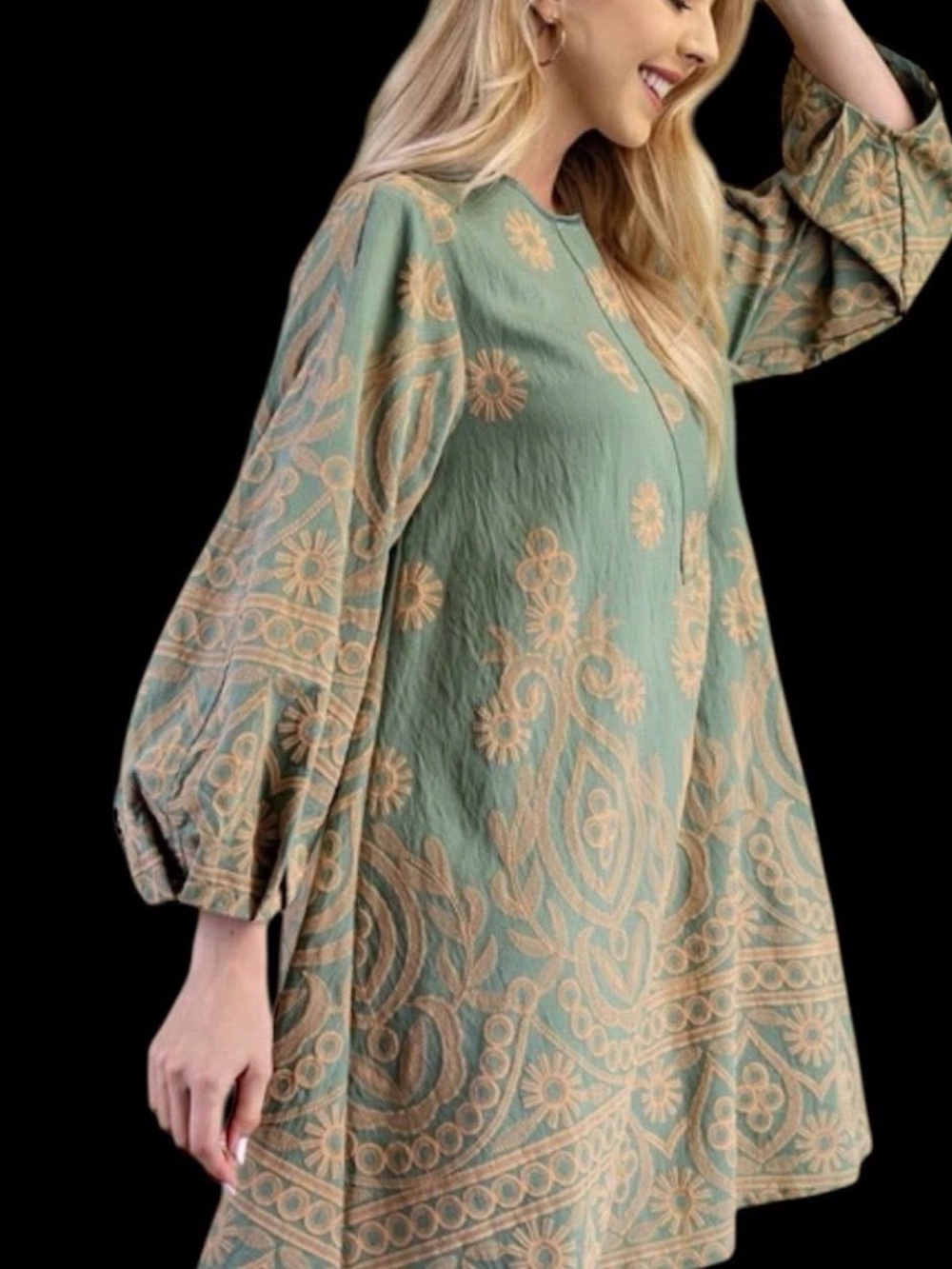 Boho Embroidered Sage Green Shift Dress - Picture 2 of 7